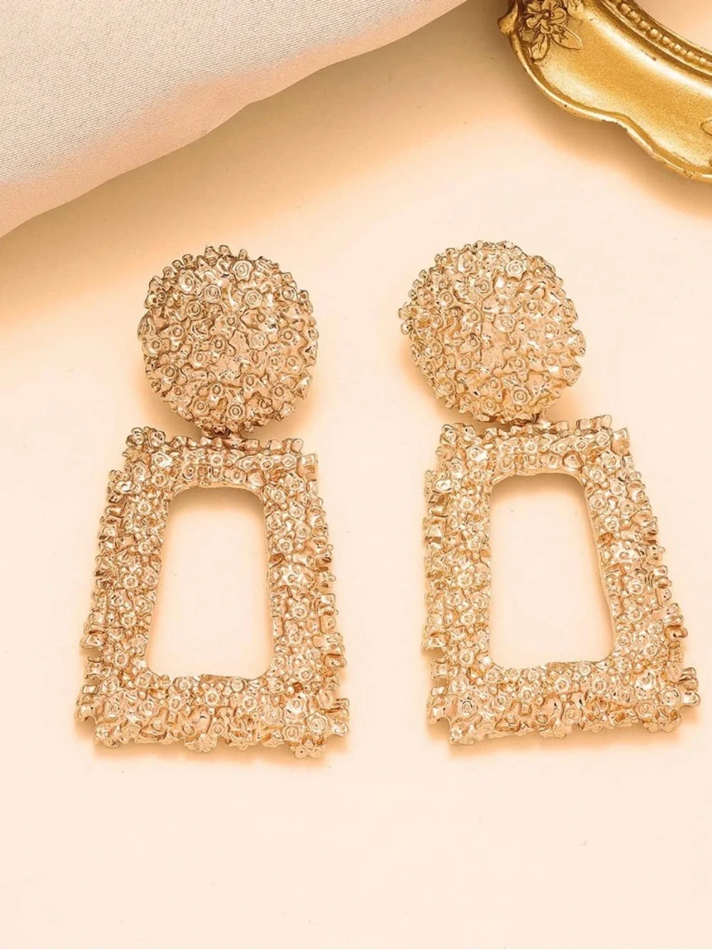 NEW! Chunky Gold Textured Pierced Geometric Drop Earrings - Picture 1 of 12